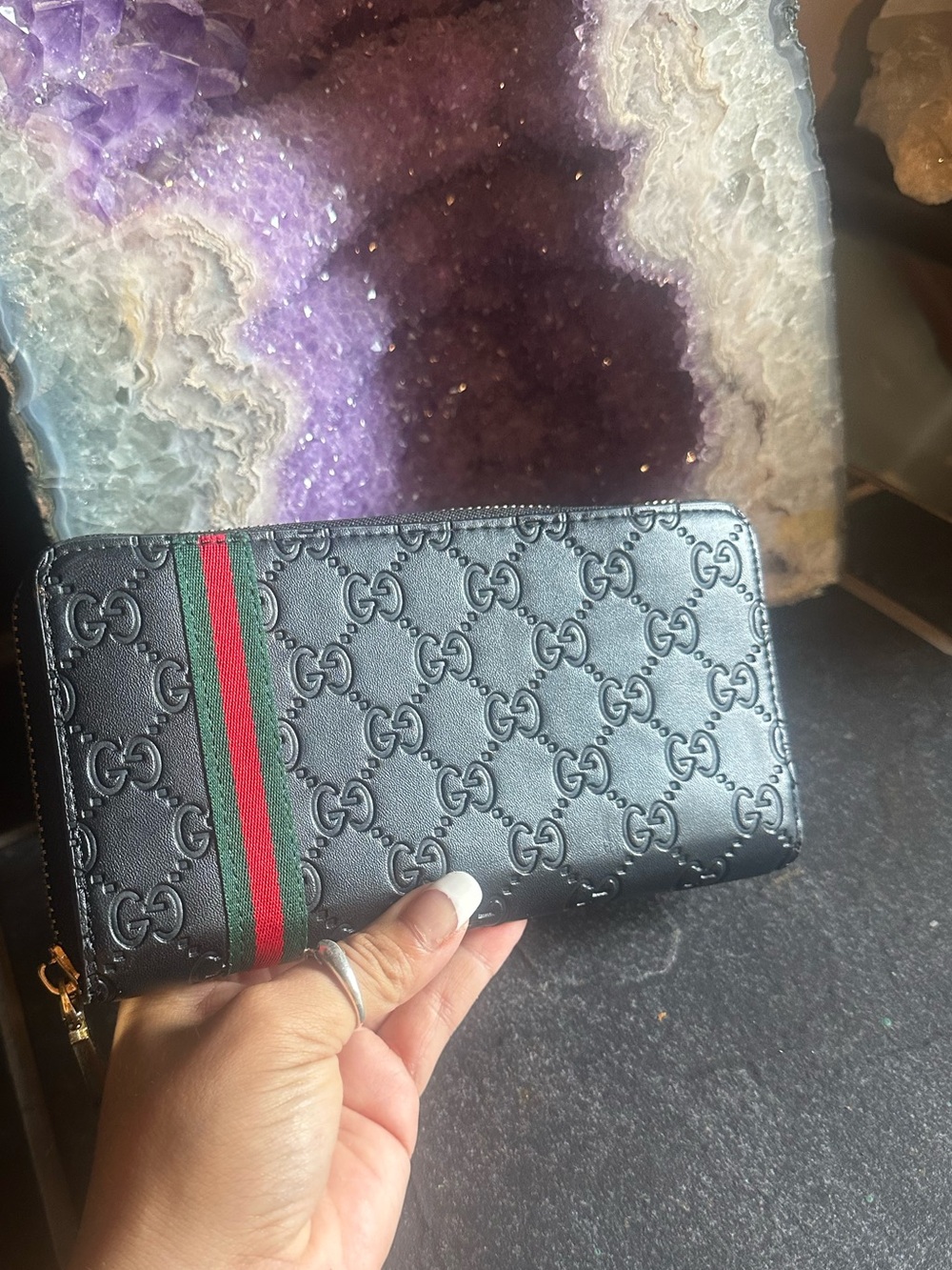 Gucci Black Signature Zip-Around Wallet with Green-Red Stripe